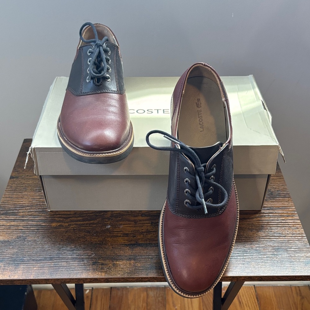 Lacoste Two-Tone Burgundy and Black Leather Derby Shoes